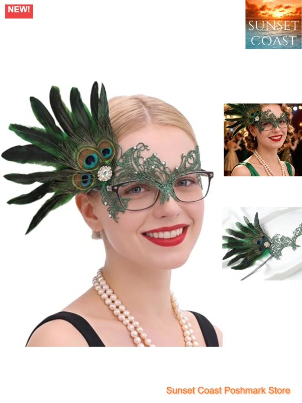 Masquerade Mask for Glasses Peacock Feather Eyemask Women Halloween Renaissance